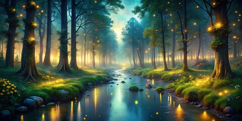 Obraz premium Surreal Pixel Art Night Forest River Firefly Scene - Digital Fantasy Art