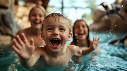 A group of ecstatic children splashes in a vibrant pool, interacting gleefully with playful penguins, all under the warm glow of a simulated sunlit environment.