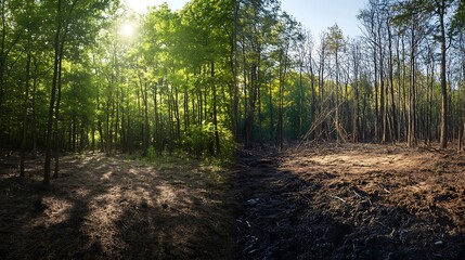Fototapeta premium Deforestation contrasting lush green forest and barren land