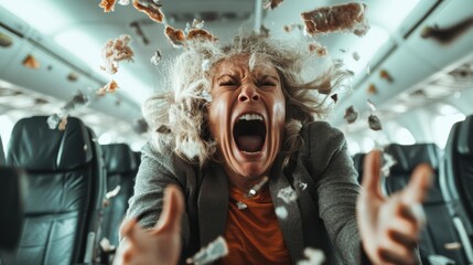 Obraz premium A woman is surrounded by chaotic flying debris inside an airplane during turbulence, highlighting moments of intense fear and unexpected events within a silver cabin.