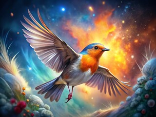 Obraz premium Surreal Robin in Flight: Dreamlike Bird Photography, Magical Avian Art, Fantasy Bird Image
