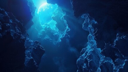Obraz premium Celestial Canyon A Glimmering Blue Planet Emerges from a Deep Space Chasm.