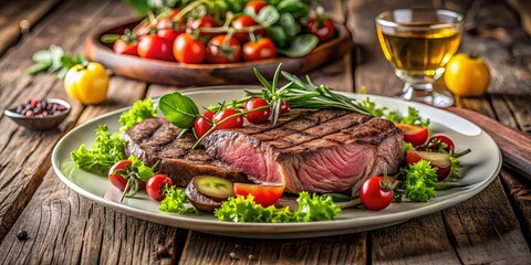 Grilled steak garnished with fresh herbs and vibrant cherry tomatoes, served on a rustic wooden table with a side of refreshing salad.