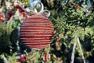 Happy New Year.Christmas tree decorations and toys for fir trees covered with snow and ice. Close-up. Merry Christmas.2024.
