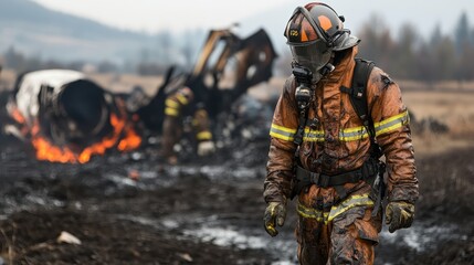 Obraz premium Firefighters fully geared, maneuver through mud and ruin as they tirelessly work to control the burning airplane wreckage, focusing on extinguishing persistent flames.