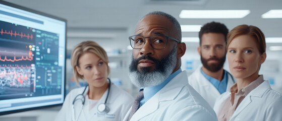 Healthcare innovation concept, A diverse group of medical professionals analyzes data on a screen in a modern healthcare setting.