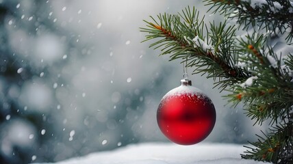 A shimmering red glass bauble hangs from a snow-kissed pine branch, a festive Christmas decoration
