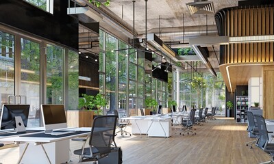 The modern open-plan office with a clean, organized layout. The workspace features rows of individual desks equipped with computers and ergonomic office chairs, separated by privacy screens.
