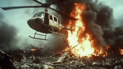 A helicopter hovers over a blazing scene filled with thick smoke and flames, creating a dramatic and intense atmosphere of danger and urgency in a chaotic landscape.