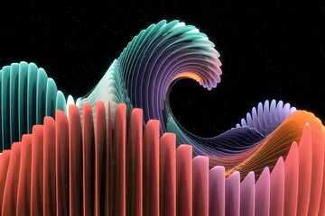 Abstract digital artwork featuring a wave-like form in azure, blush pink, mauve, and bronze tones. The colors flow gracefully, 3d rendered illustration, abstract background with lines