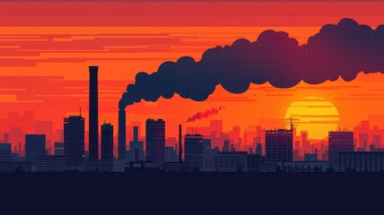 Fototapeta premium Industrial City Sunset Pollution Smoke Urban Skyline Environmental Disaster
