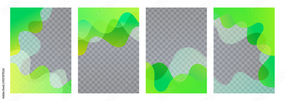Leinwandbilder Set of overlay templates with dynamic green gradient waves. Flowing liquid shapes. Bright color splashes. Transparent background. Vector illustration.