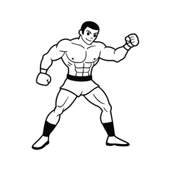 Naklejka premium Muscular Boxer Line Art - Black and White Illustration of Strong Fighter in Dynamic Action Pose Vector