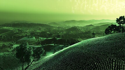 Complex digital landscape with binary code and blockchain network visualization