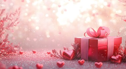 Fototapeta premium A red gift box with a heart and copyspace for Valentine's Day, beautifully presented with a pink ribbon. A holiday party idea and a romantic idea for celebrating Happy Valentine's Day.