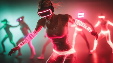 A person wearing neon-lit attire and a VR headset leads a group, merging dance with virtual reality in an expression of immersive futuristic experience.