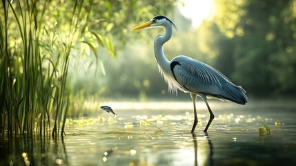 Naklejka premium ascene of a heron standing in shallow water