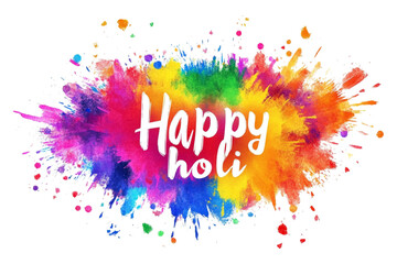 Colorful powder splash explodes with brilliant hues featuring the white text Happy Holi for spring festival marketing and celebration concepts.