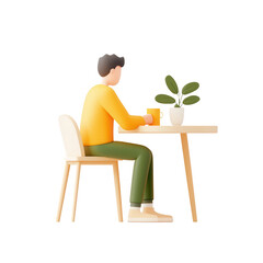 Fototapeta premium A man enjoying a quiet moment with a drink and a plant at a table., isolated on a transparent background.