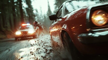 Amidst a forest backdrop, a vivid red car dodges and outraces a pursuing police vehicle, encapsulating themes of rebellion and freedom with a splash of adventure.