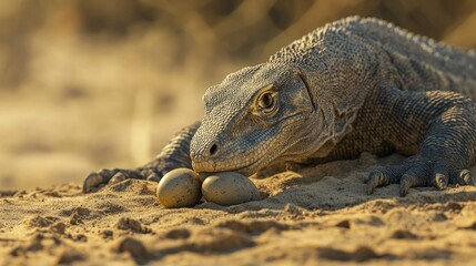 Fototapeta premium A scene of a Komodo dragon carefully burying her clutch of eggs in a sandy mound to keep them safe from predators