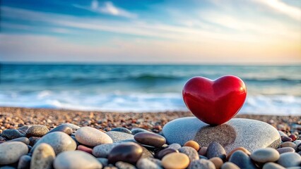 Fototapeta premium Red heart on a smooth grey stone at the ocean's edge during a serene sunset