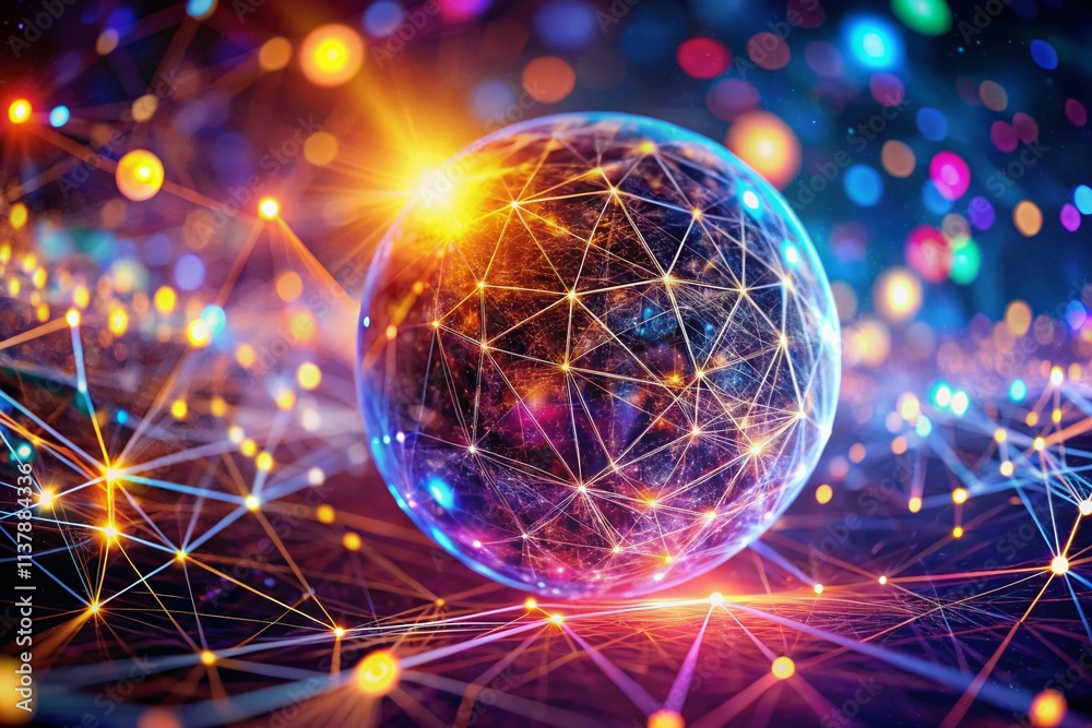 Poster technology plexus sphere background with animated lines and dots flowing particles in a tilt-shift s