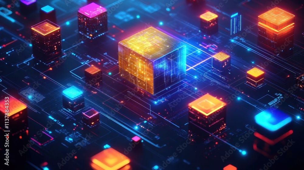 Poster abstract 3d render of colorful data blocks in digital space environment