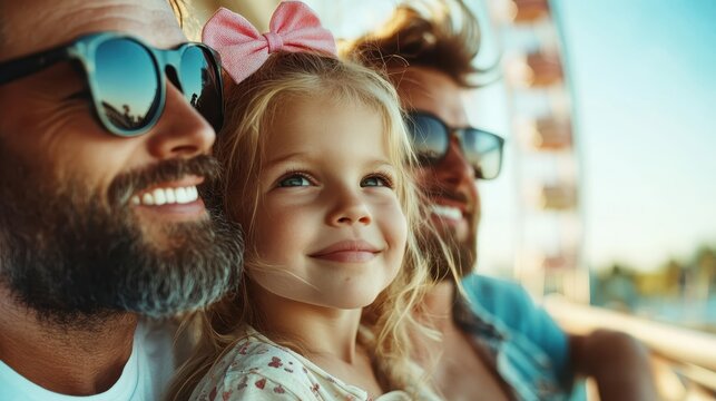 A family shares smiles and joy while enjoying a sunny day at an amusement park, with a striking Ferris wheel in the background, creating cherished moments.