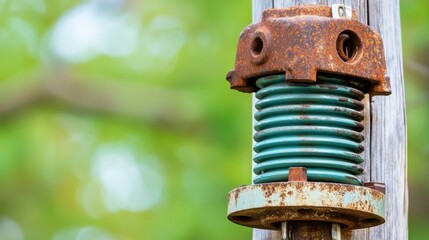 Up-Close View of a Weathered Metal Insulator on a Timber Pole, Highlighting Corrosion-Resistant Rust Prevention