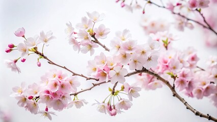 Fototapeta premium The Elegance of Japanese Cherry Blossoms in Pure White Space: A Timeless Celebration of Nature’s Simplicity and Beauty for Wallpaper and Background Use
