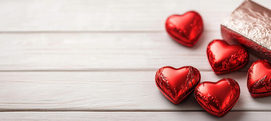 Fototapeta premium Delightful heart shaped chocolates in red foil on wooden surface