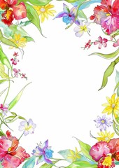 Fototapeta premium Watercolor frame with flowers on a white background and space for text. Wedding invitation, advertising