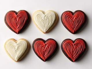 Fototapeta premium Heart shaped cookies with intricate icing designs in red and white