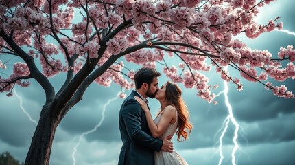 A couple shares their first kiss beneath a blooming cherry tree, rain falling and lightning illuminating the sky, creating a breathtaking moment on Valentine's Day