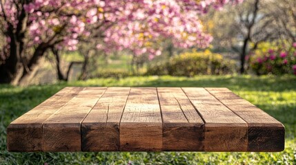 Naklejka premium Rustic Wooden Tabletop in a Spring Garden.