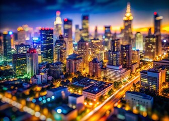 Fototapeta premium Tilt-Shift Cityscape: Euphoric Urban Energy, Miniature City, High-Rise Buildings, Dynamic City Life