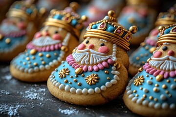 Fototapeta premium Decorated royal king cookies with gold crowns, blue icing, white beards, and festive details on a rustic table Generative AI