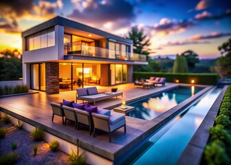Fototapeta premium Tilt-Shift Dusk: Modern Luxury Home, Poolside Paradise, Architectural Photography
