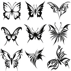 Fototapeta premium Nine stylized black butterfly vector illustrations.