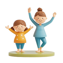 Two cheerful characters celebrate joy and togetherness with raised hands., isolated on a transparent background.