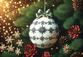 Festive Christmas background featuring a decorative ornament hanging on a beautifully adorned fir tree. Created with generative AI technology