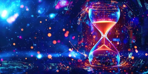 Digital image of a clock with a red hour hand and a blue background