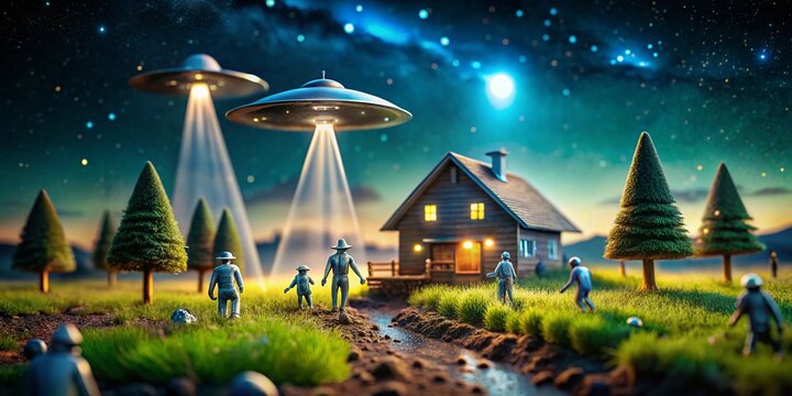 Tilt-Shift Grey Alien Photos: Miniature UFO Abduction Scene, Surreal Sci-Fi Landscape