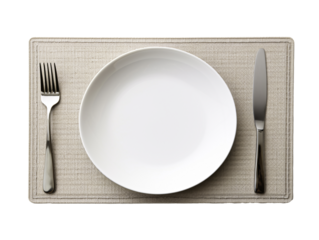 a plate with a fork and knife on a place mat