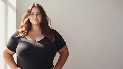 Fototapeta premium A realistic portrait of an overweight woman standing confidently on a light background, highlighting her natural body with visible cellulite, promoting body positivity and acceptance