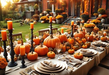Outdoor Thanksgiving table adorned with pumpkins, candles, and warm autumn decorations for a cozy celebration. Created with generative AI technology