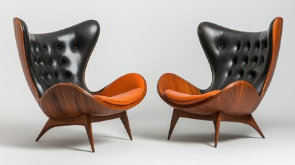 Modern Mid-Century Style Lounge Chairs with Black and Orange Upholstery
