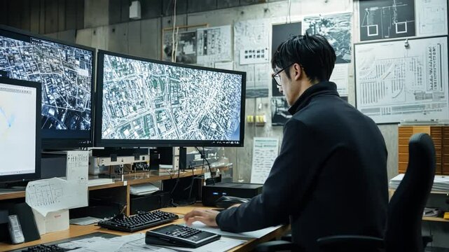 A man is sitting at a desk with a computer monitor in front of him