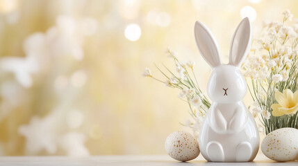 A cheerful white bunny sits among soft flowers and eggs, capturing the joy of spring festivities.